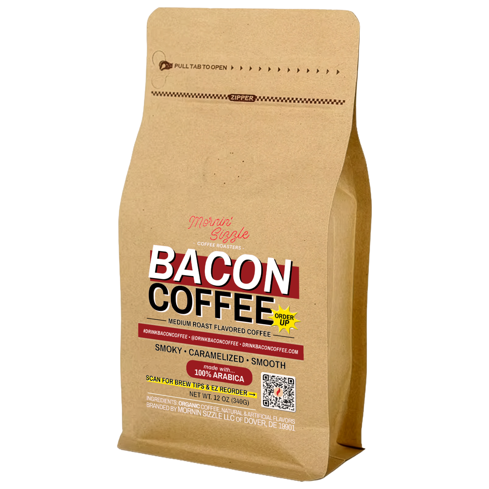 Mornin' Sizzle Bacon Coffee 12 oz bag with full product label