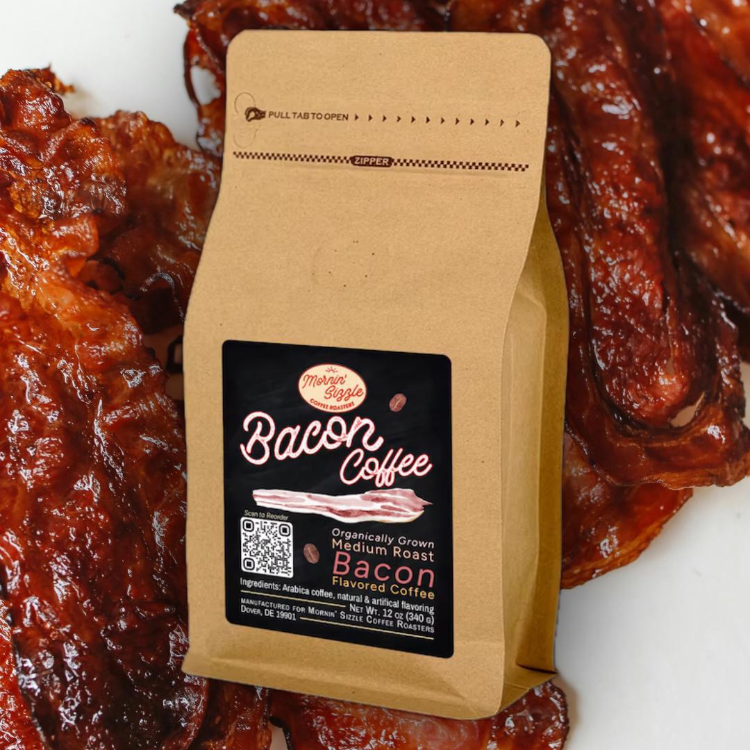 Mornin' Sizzle Bacon Coffee bag styled on a bed of bacon strips