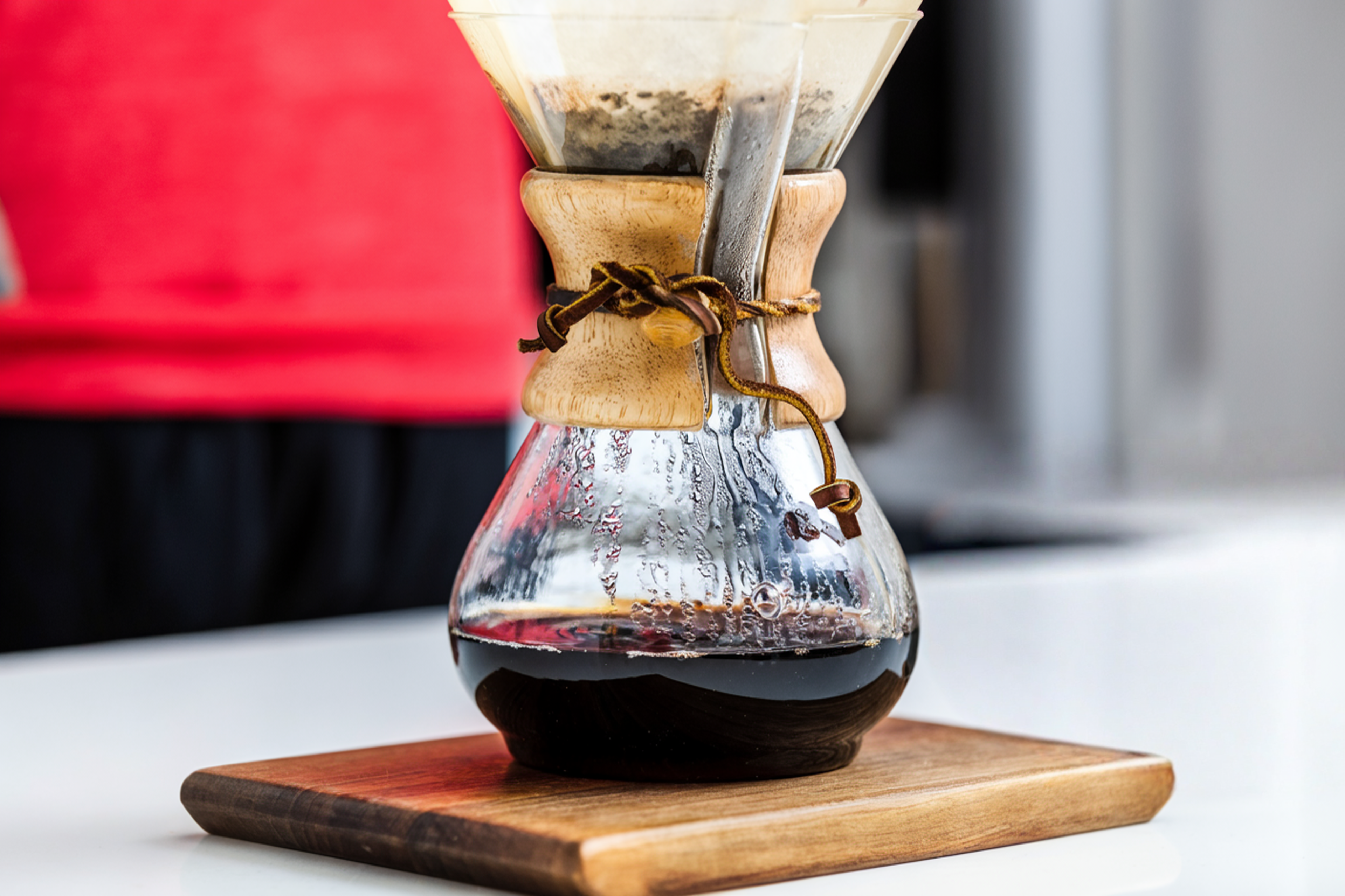 Chemex pour-over carafe with freshly brewed coffee on a wooden board