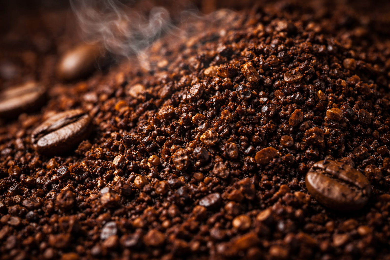 Macro view of fresh coffee grounds with whole roasted beans