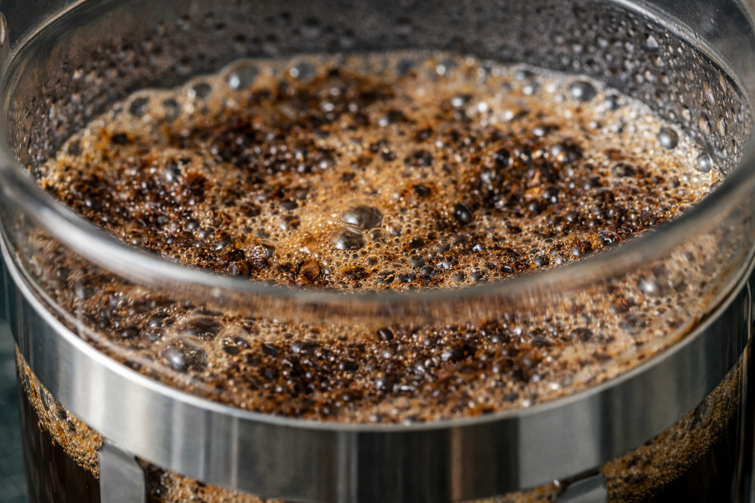 Close-up of coffee bloom forming in a French press during brewing