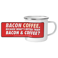 Silver-rim enamel mug with red Bacon Coffee label