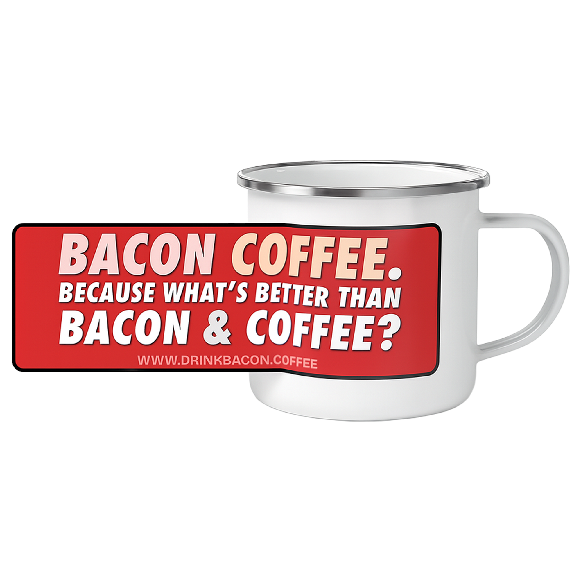 Silver-rim enamel mug with red Bacon Coffee label